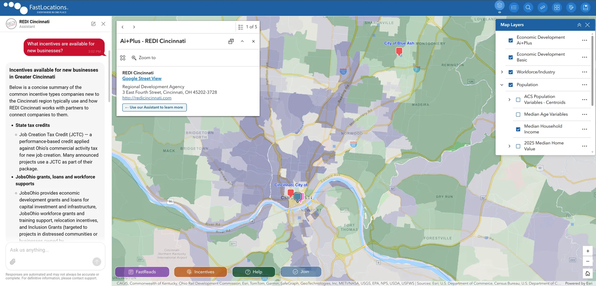 A live conversation with an economic development agency's FastLocations Assistant, answering a site selector's question beside the map.