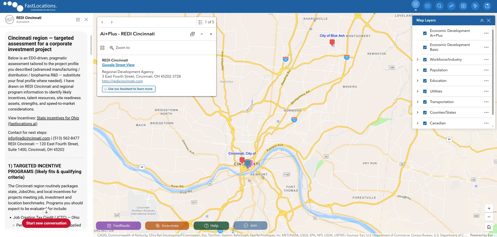 FastLocations map of Cincinnati with the REDI Cincinnati Ai+Plus marker selected; the Assistant panel on the left has switched to REDI Cincinnati and is answering a project question.