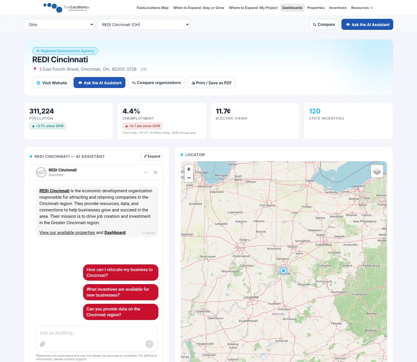 REDI Cincinnati's Ai+Plus Dashboard: key stats for population, unemployment, electricity cost, and state incentives above the Assistant and a regional map.