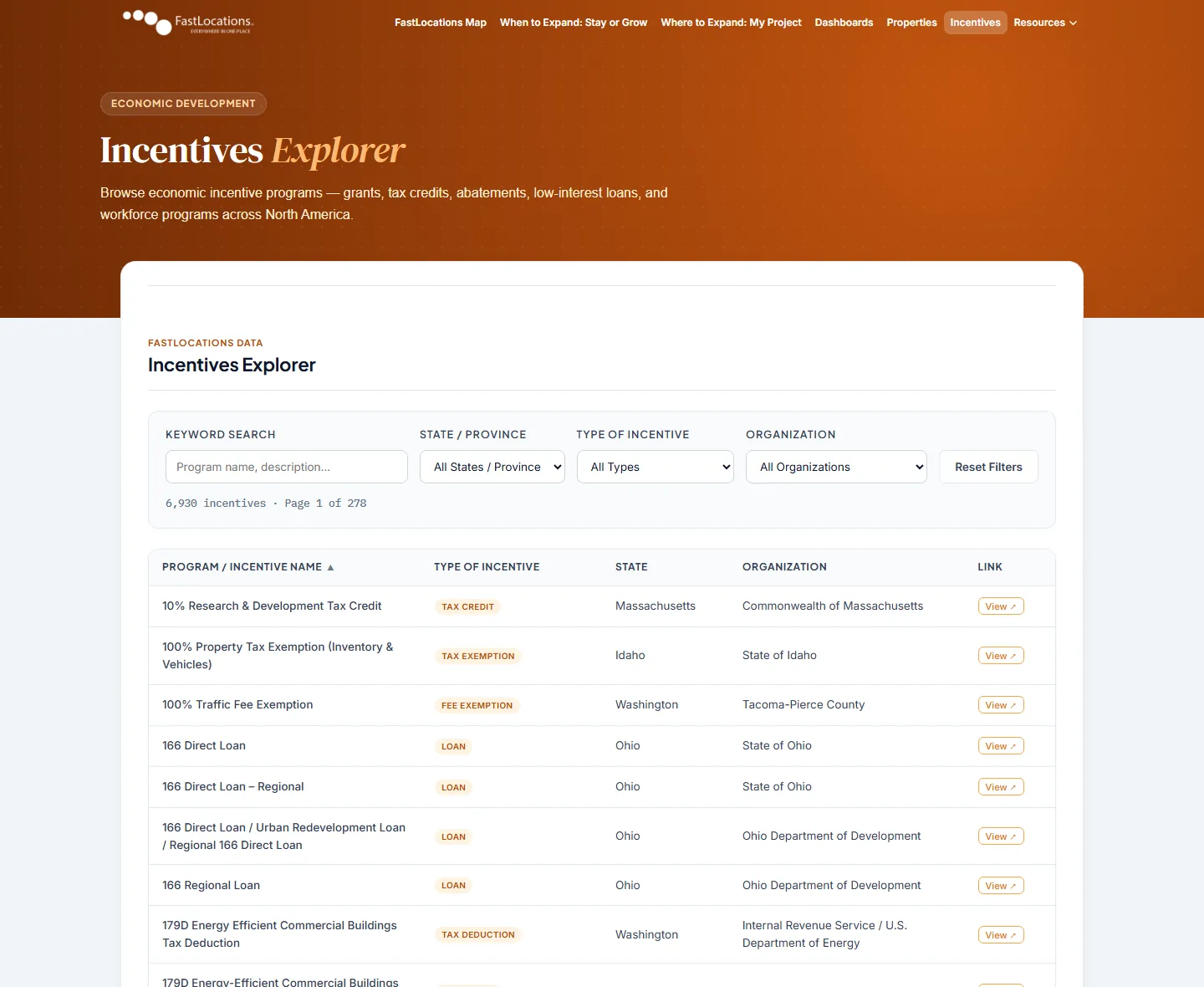 The Incentives Explorer: a searchable list of economic incentive programs with filters by jurisdiction and incentive type.