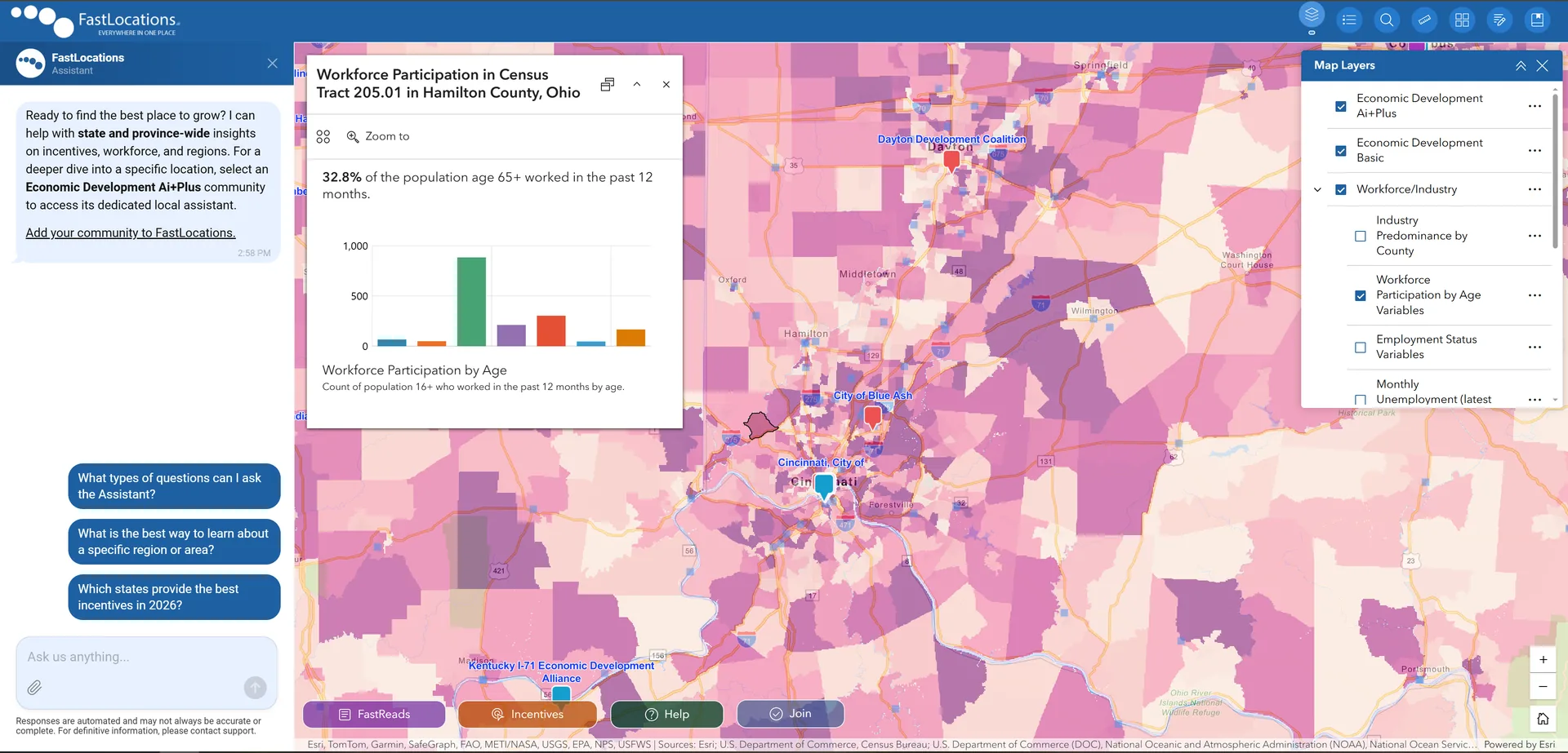 The FastLocations map with the Workforce data layer switched on, shading regions by labor supply alongside economic development agency markers.
