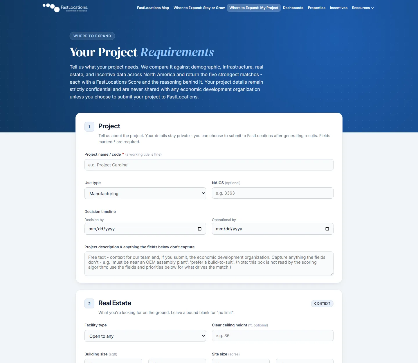 My Project intake form, where a site selector enters project parameters such as investment, headcount, and utility needs.