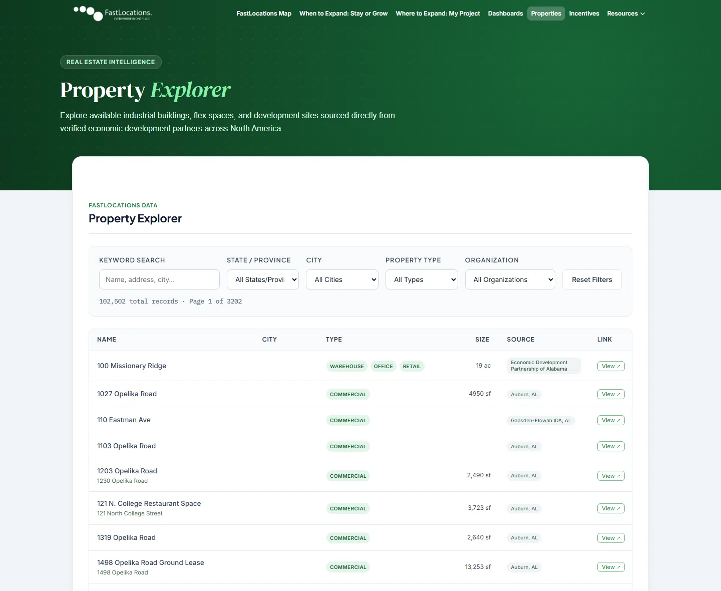 The FastLocations Property Explorer listing available sites and buildings with filters for size, acreage, and asset class.